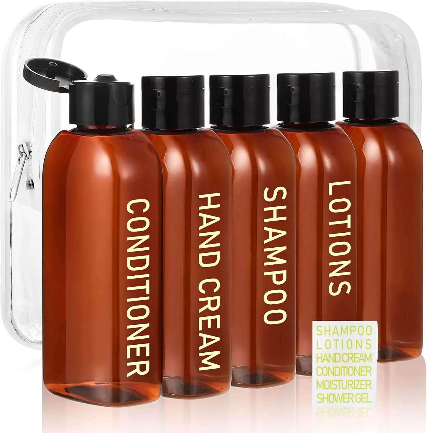 5 Pack Travel Bottles for Toiletries, 3.4oz TSA Approved Travel Size Containers, Leak Proof Refillable Travel Accessories for Shampoo Conditioner, Plastic Travel Bottles with Toiletry Bag and Label.