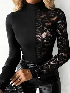 Women's lace patchwork top, long sleeved semi high neck slim and elegant top, suitable for outdoor and daily wear, often loved by enthusiasts