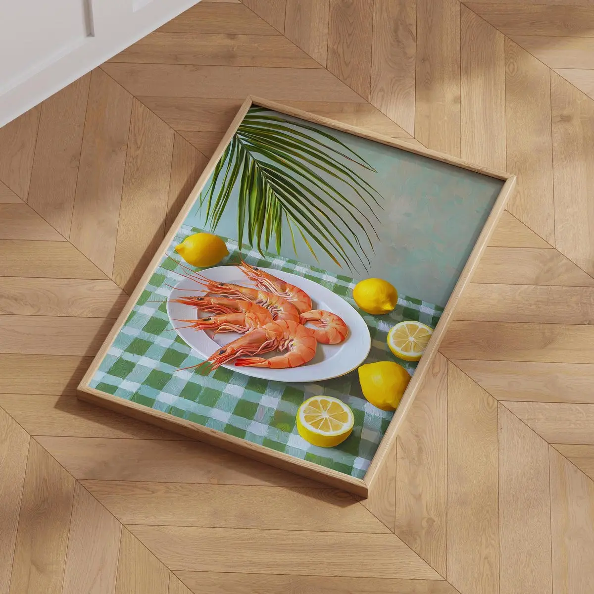 Tropical Shrimp Poster - Coastal Kitchen Art with Lemons Palm Leaf Decor, Kitchen Wall Art, Unframed