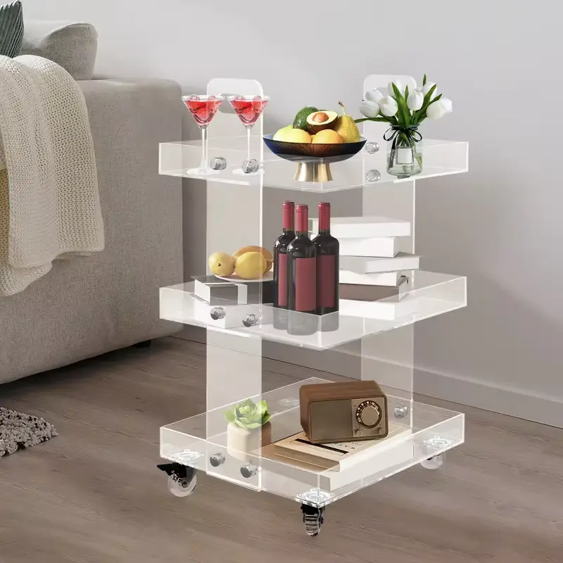 3-Tier Acrylic Utility Rolling Cart Multifunctional Mobile Storage Cart With Wheels, Clear Home Trolley Cart for Kitchen Bathroom Nursery Laundry, 41.6x34x70cm