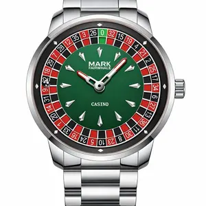 Men's Roulette Casino Watch Stainless Steel Luxury with Luminous Hands Green Dial Rotating Dial
