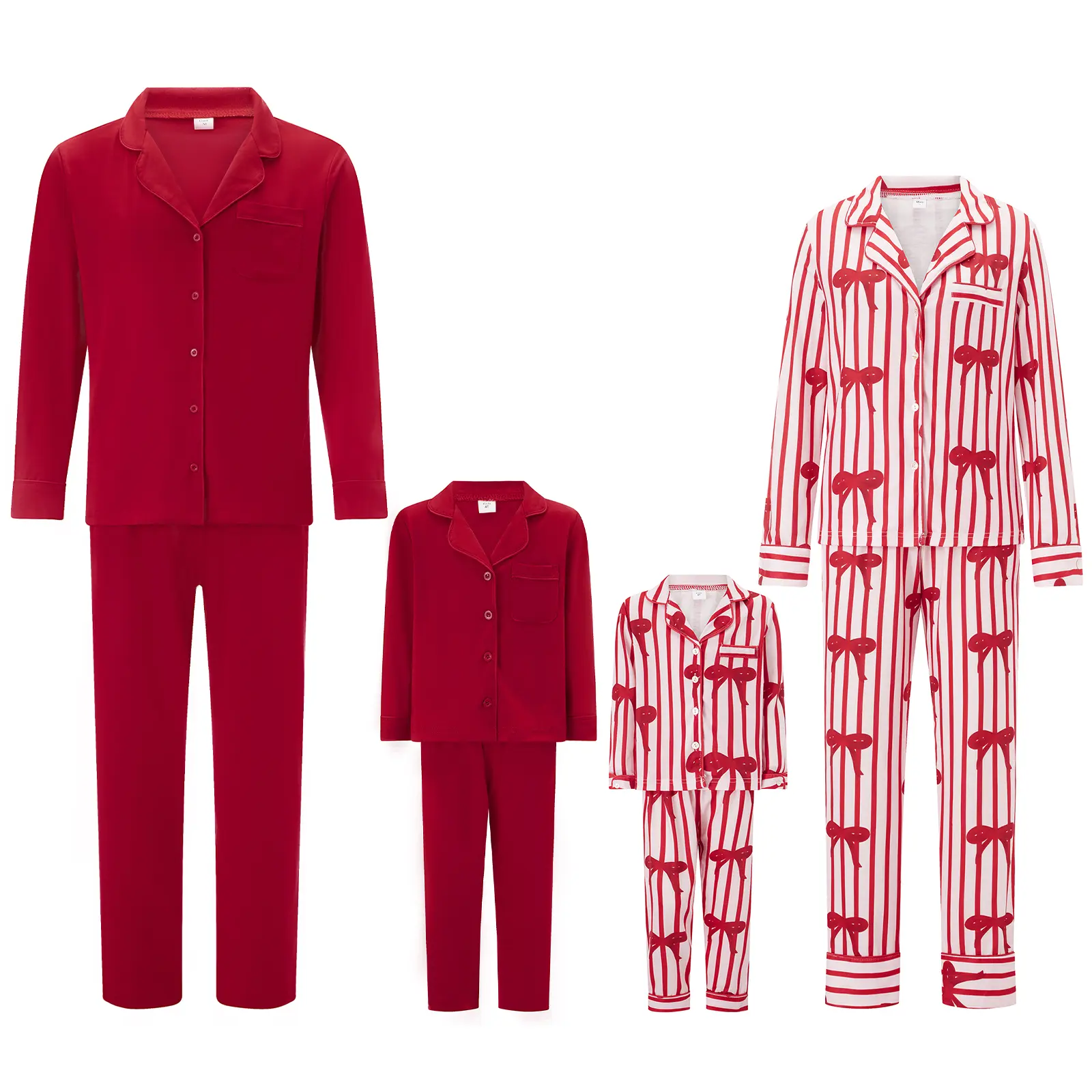 [Lullaby] Women’s & Baby Girls’ Soft Satin Family Matching 2-Piece Nightwear Set, Lapel Neck Button-Up Long Sleeve Tops & Long Pants Loungewear Clothes (Bow/Solid Color)