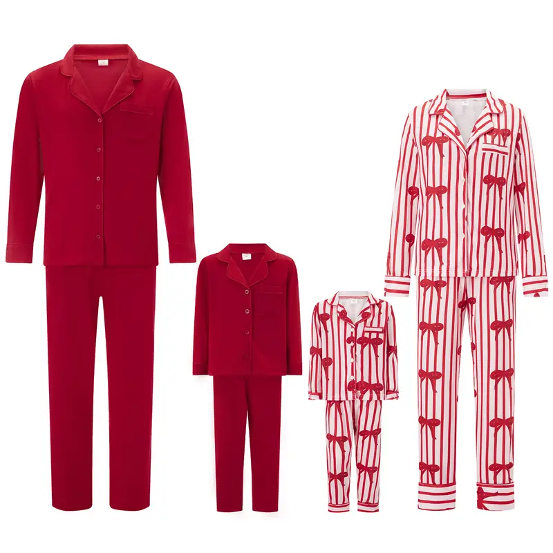 [Lullaby] Women’s & Baby Girls’ Soft Satin Family Matching 2-Piece Nightwear Set, Lapel Neck Button-Up Long Sleeve Tops & Long Pants Loungewear Clothes (Bow/Solid Color)