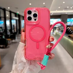 Magnetic 3 in 1Transparent Phone Case for iPhone 17 16 15 14 13 12 Pro Max Plus Anti-Drop Glitter MagSafe Shockproof Protective Cellphone Cover Protection Casing With hand strap