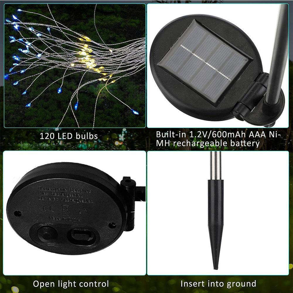 2 PCS Solar Firework String Lights, Outdoor 120-LED 40 Copper Wires Solar-Powered DIY Garden Decorative Lights for Walkway, Christmas Parties, Backyard Home Improvement Decor (Colorful)
