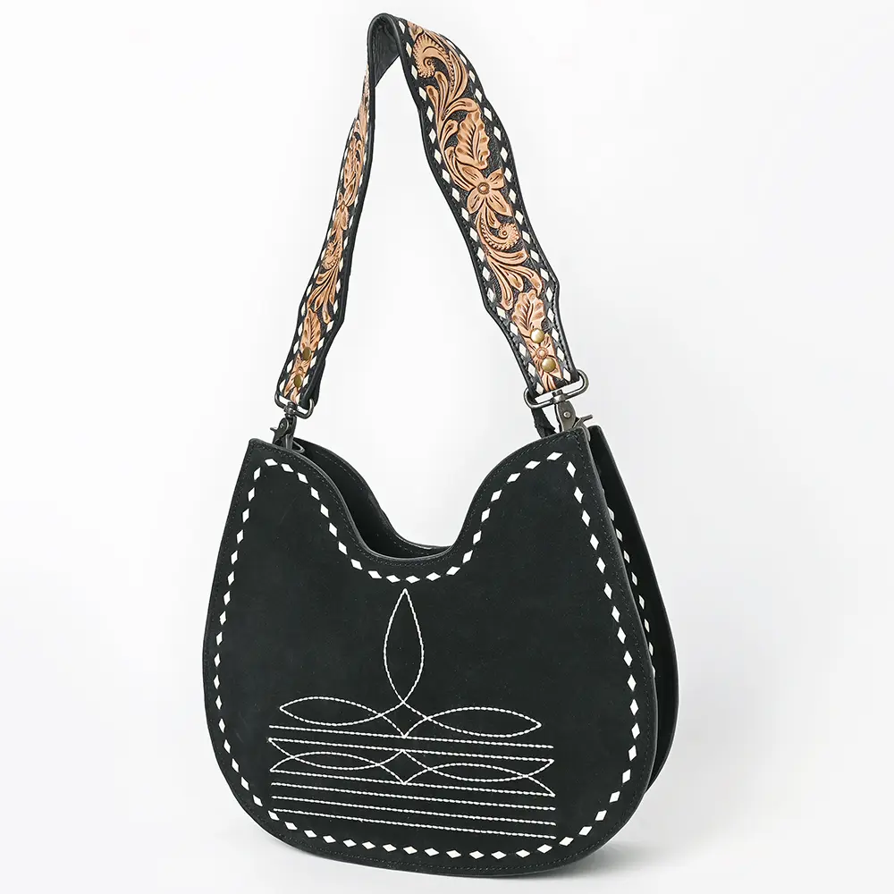 American Darling Western Hobo Bag Handcrafted from Black Genuine Suede Leather | Boot Stitched Front, Hand-Tooled Floral Strap & YKK Zipper