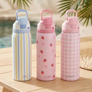 SANDJEST 32oz Insulated Water Bottle Push-Button Lid, Stainless Steel 100% Leak-Proof Drinkware, Reusable Sports Travel Gym Hydration, Gift for Her