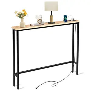 Oak 39.4" Narrow Console Table with Charging Station & USB Ports, Slim Sofa Couch Table with Metal Frame, 4.9ft Cord Skinny Entryway Hallway Table