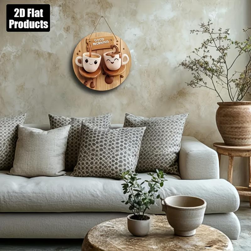 1PC 2D Flat, Vintage Tea Theme Wooden Wall Hanging, 8x 8inch - Fantasy Cup and Plate Design, with "Good Morning" Message, Perfect for Kitchen, Coffee Shop, Home, Living Room, and Office Decoration