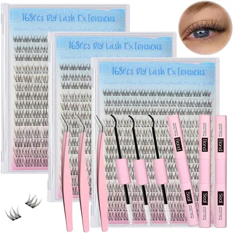 Wispy Lash Extensions Kit - 504 Pcs with 3 Boxes of 9-12MM Lashes, Strong Bond Glue & Tweezers for DIY Long-Lasting Volume, Individual Use Makeup Cosmetic lash cluster individual kit makeup lash extensions alternative