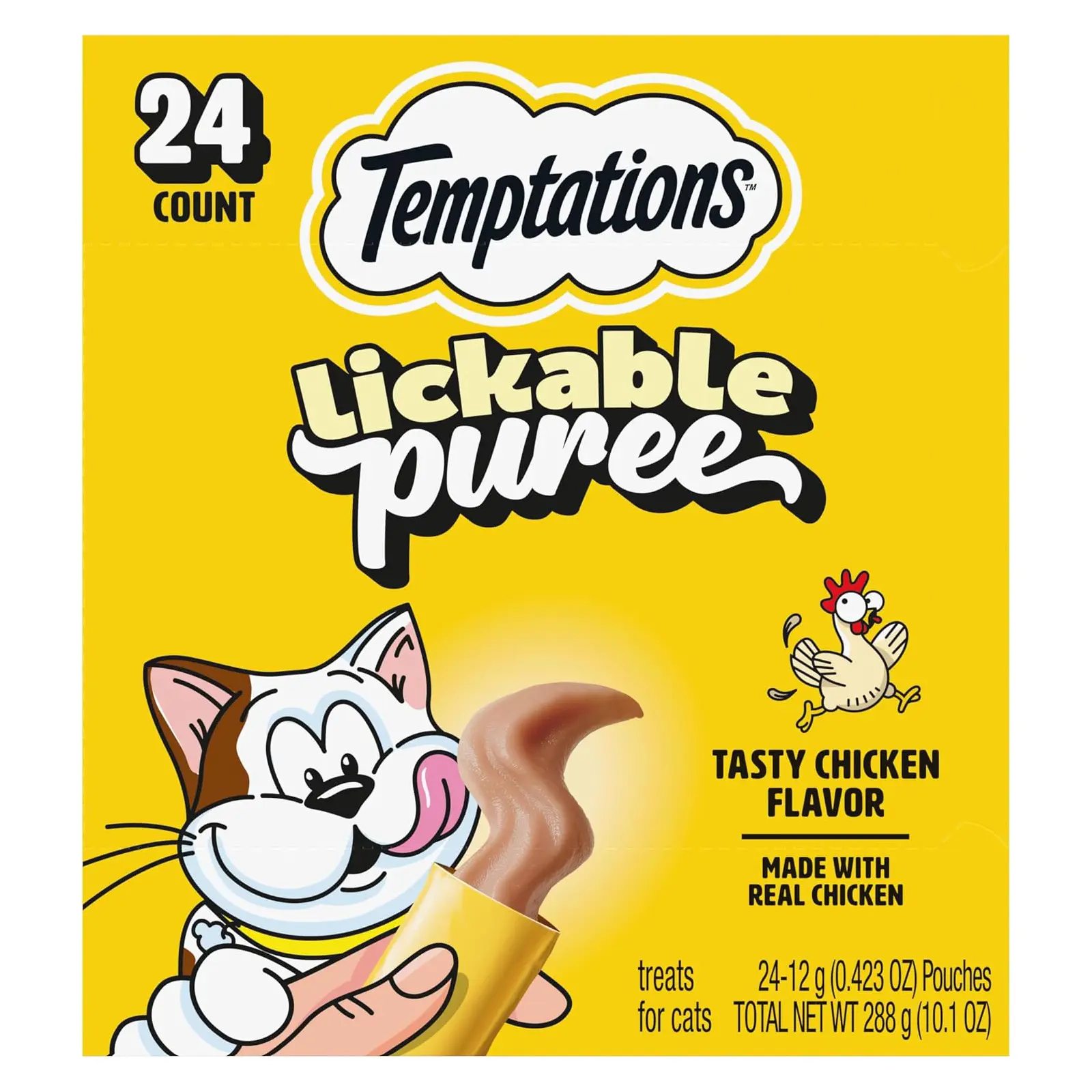 Temptations Creamy Puree Lickable Cat Treats, Chicken, 24 Count Under 15 calories per tube, great for senior cats, no chewing required, no added sugar, wet squeezable treat, 0.42 oz. Tubes