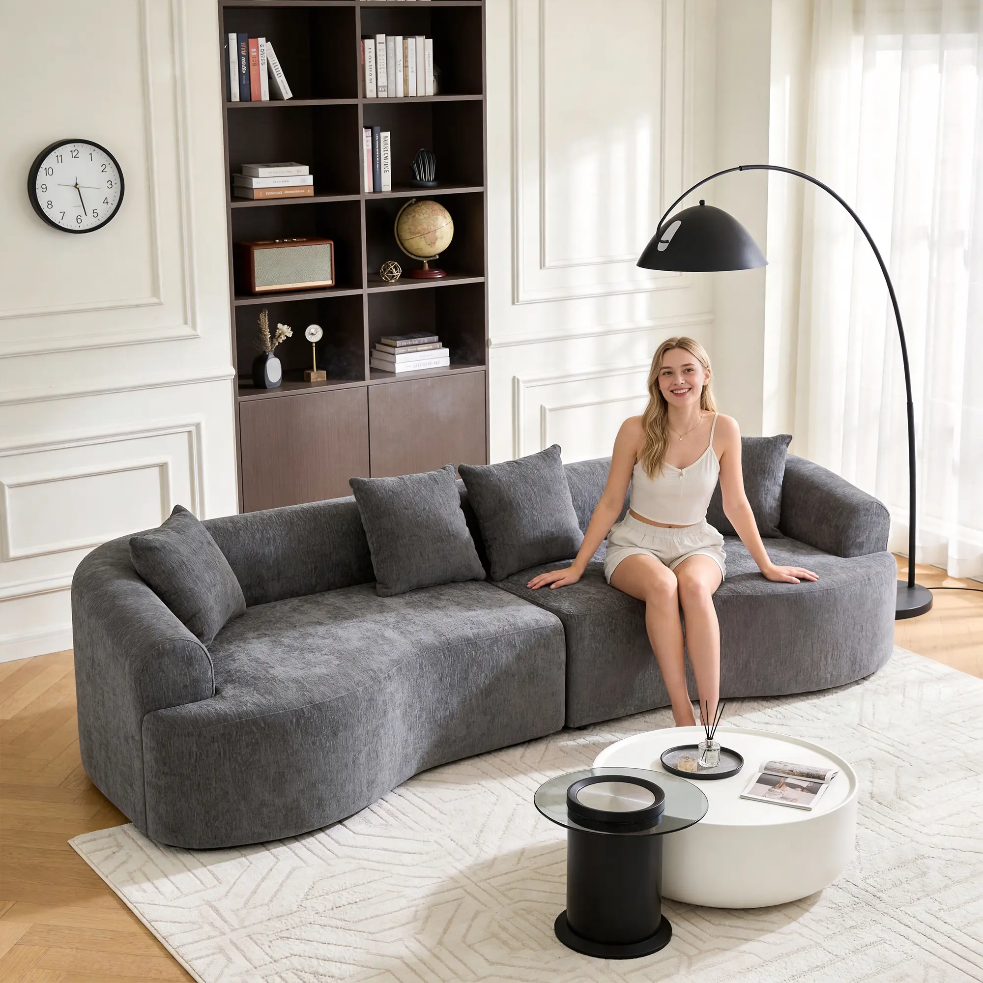 Niccae Compression Modular Curved Sectional Sofa, 108" Boneless Cloud Couch with High-Density Foam & Chenille Fabric, Sleeper Lounge Sofa for Living Room Apartment Bedroom, No Frame Design