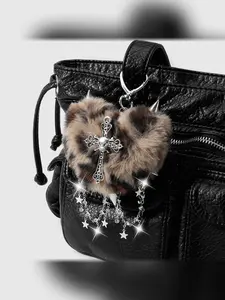 Punk Skull Chain Design Leopard Pattern American Street Style Multi-Color Faux Fur Gradient Patchwork DIY Vintage Keychain Bag Charm Jeans Decor