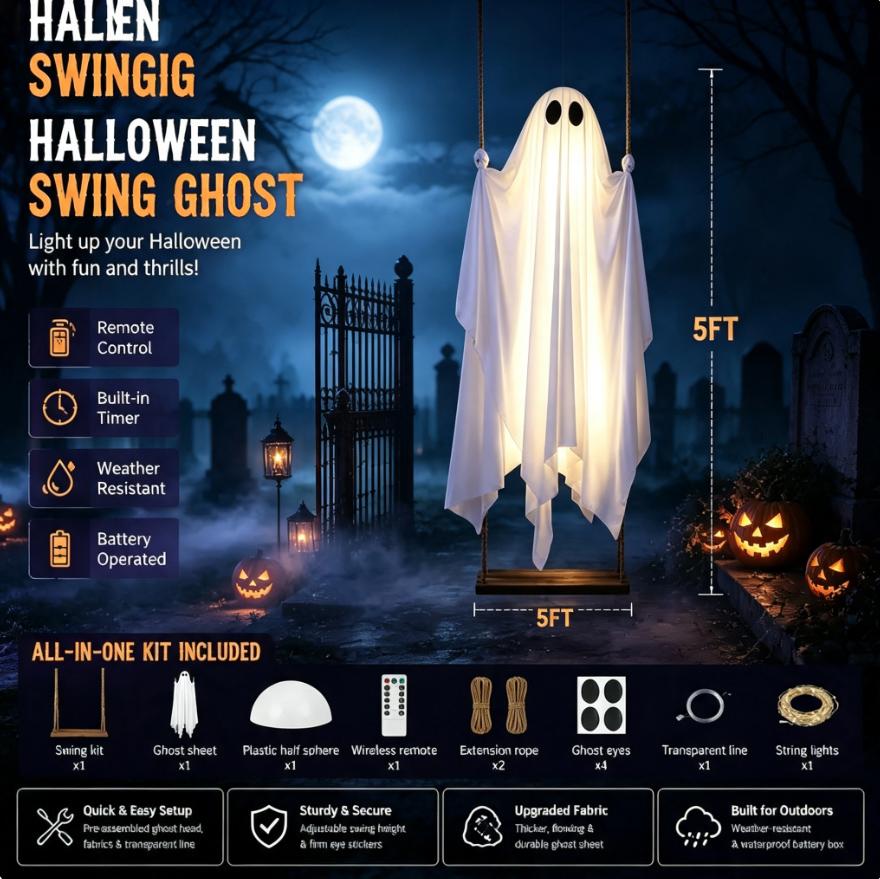 Halloween Decorations Outdoor - 5FT Large Hanging Ghost Swing with Remote Control String Lights, Scary Ghost Halloween Party Decor Outside for Tree Porch Yard Garden Lawn Ornaments halloween spooky decor