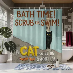 The Cat Bath Inspector Shower Curtain, Cartoon and Playful Style Bathroom Decor, Waterproof and Moisture Resistant, Includes 12 Hooks, Suitable for SPA Salons, Homes, Hotels, Dormitories