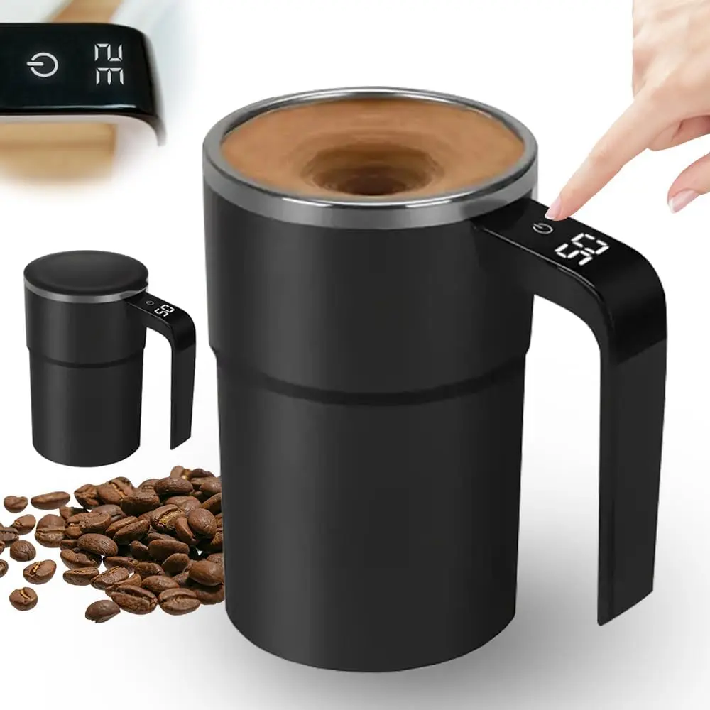 GMOX ABS Self-Stirring Tumbler, Black Stainless Steel LED Display Coffee Cup with Temperature Indicator, Portable Lid-Included Mug for Commuters (Office, Travel Use)