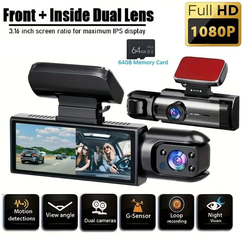 Dash Camera Front And Inside, 3.16inch Dash Cam 1080P, G Sensor HD Night Vision Loop Recording Wide Angle Car DVR