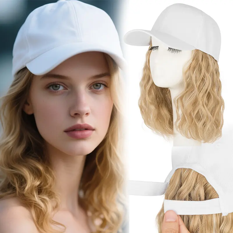 Hat Wig for Women Short Curly Wavy Baseball Cap Wigs with Hair Extensions Synthetic Wig Adjustable White Baseball Hat Wigs