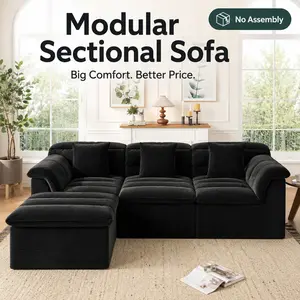 112 Inch Modular Boneless Couch, Corduroy Deep Seat Sectional Sofa with Chaise, No Assembly Compressed Sofa, Dual-Layer Cushions, Lumbar Back Neck Support for Apartment Living Room Movie Night