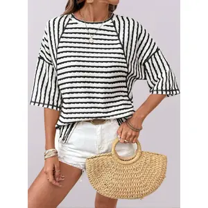 Womens Summer Tops Oversized Tshirts for Women Striped Color Block Short Sleeve T Shirts Crewneck Casual Tee Blouses