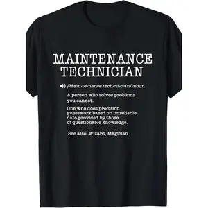 's Funny Maintenance Technician Definition T-Shirt - 100% Cotton Loose Fit Workwear Tee with Mechanic Jokes, Black & White Print, All-Season Casual Shirt for Electricians, Plumbers, HVAC Technicians (Ideal Gift)
