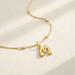 Bubble Letter Necklace,14K Gold Plated Balloon Initial Pendant with Bead Chain Dainty Jewelry Gift for Women & Jewelry for Christmas Gifts