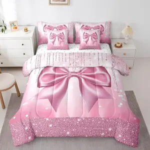 Kids Pink Bowknot 7 Pieces Bedding Set,Dreamy Princess Comforter Set with Sheets,Boys Girls Glitter Bed in A Bag,Watercolor Bow Teens Bed Set 7Pcs