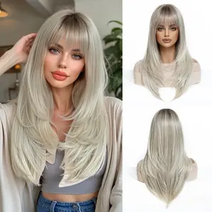 Wig blonde long straight hair layered wig female air bangs natural and soft full hood