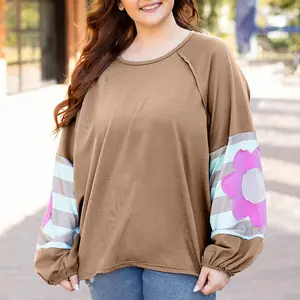 Women's Flower Patchwork Puff Sleeve Loose Plus Size Long Sleeve Top