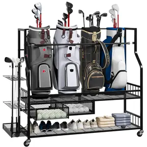 Heavy Duty Golf Bag Storage Rack for Garage, Large Golf Organizer Fits 4-5 Bags & 24+ Clubs, Mobile Sports Gear Cart with Pull-Out Drawers & Side Rack for Shoes & Balls, 300lbs Capacity Rolling Rack with Locking Wheels, Gift for Golfers