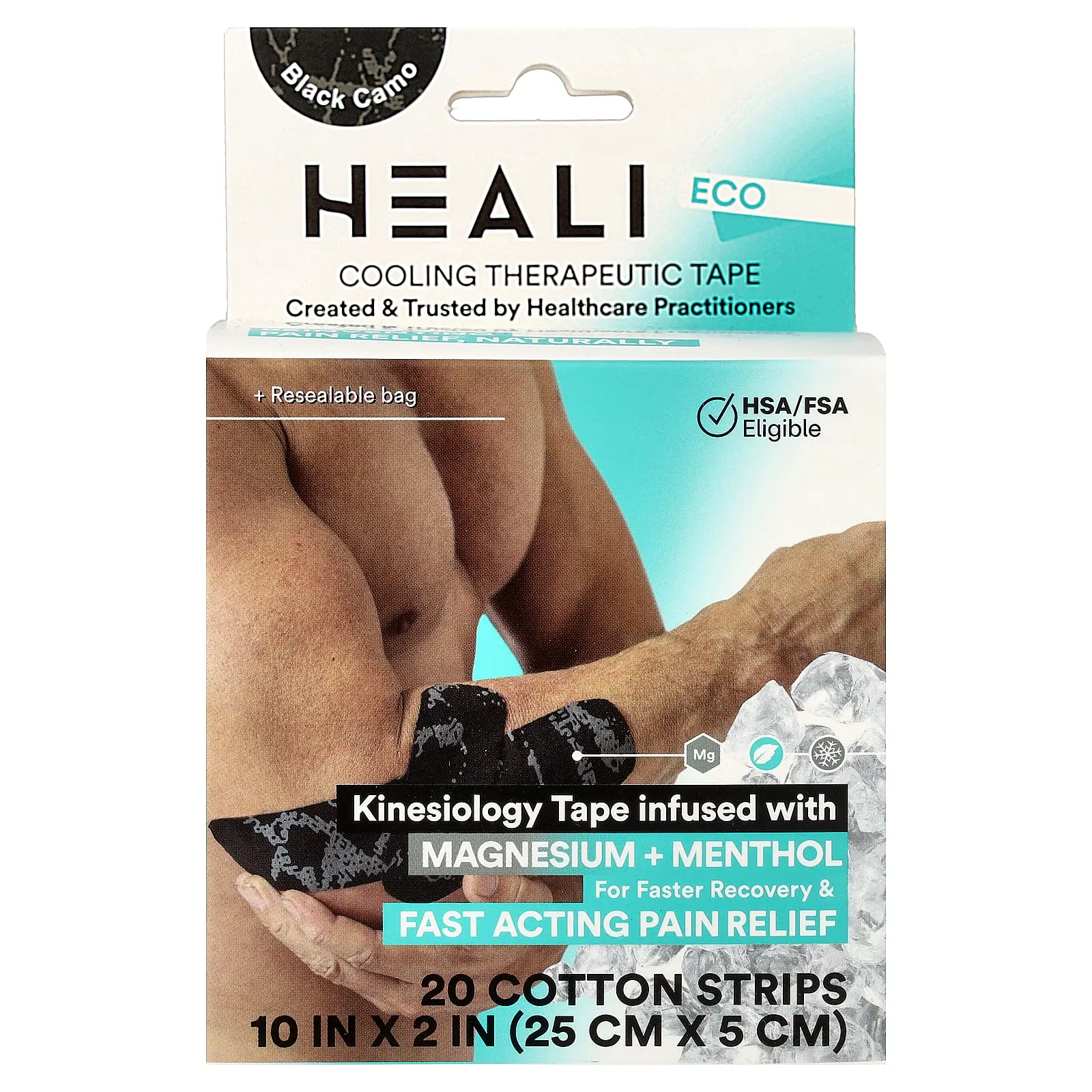 Heali Medical Corp Cooling Therapeutic Kinesiology Tape, Black, 20 Pre-Cut 100% Cotton Strips