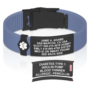 Custom Engraved Adjustable Dual-Sided Personalized  Silicone Medical ID Bracelet