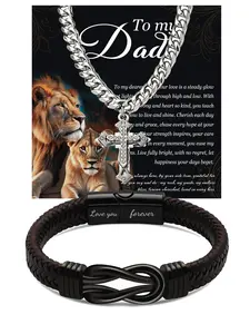 To My Father Gift Set: Brown braided leather infinity bracelet (engraved "Love You Forever") + Cuban link cross necklace. Stylish Korean-style jewelry for dad, husband, boyfriend, symbolizing unbreakable love. Perfect Father’s Day/keepsake gift.