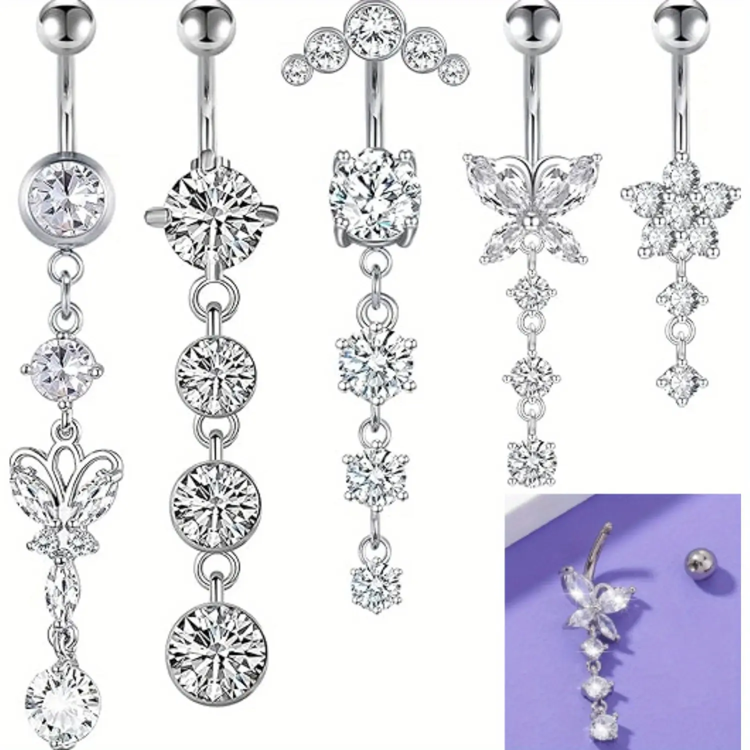 5PCS 14G Dangle Belly Button Rings - Surgical Steel Silver and Rose Gold CZ Piercing Jewelry for Women summerwins