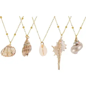 5Pcs Natural Scallop Conch Seashell Necklace Inlaid with Gold Rimmed Sea Shell Necklace Adjustable Seashell Jewelry Gifts for Women