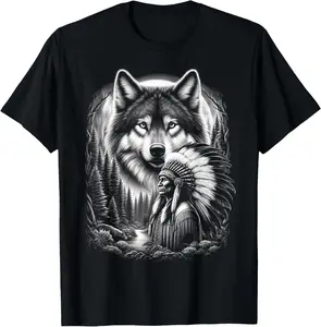 100% Cotton Native American Indian and Wolf Feathers Chief Art T-Shirt