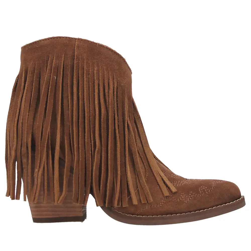 Dingo Womens Tangles Fringe Embroidered Pull On Pointed Toe Casual Boots Ankle High Heel 3" & Up - Brown