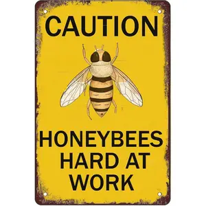 Bee Warning Sign,Caution Honeybees Hard At Work Metal Signs, Funny Bee Wall Decor No Trespassing Tin Poster for Home Garden Yard Farmhouse Wall Decor 8x12 Inches