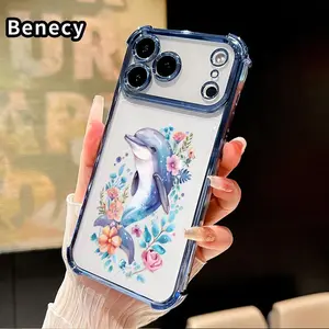 Phone Case for iPhone 17 Pro Max 16 15 Plus Air 14 13 12 11 E Dolphin in Bloom Pattern Transparent Lens Protection Durable Soft Silicone Cover Gift