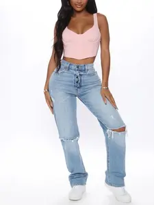 As You Please Ripped Straight Leg Jeans - Light Blue Wash