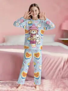 2-piece girls' long-sleeved pajamas with long pants, Striped print pajama, Cartoon print pajama, featuring a full print of blue background, made of flame-retardant fabric, 100% polyester home pajama set
