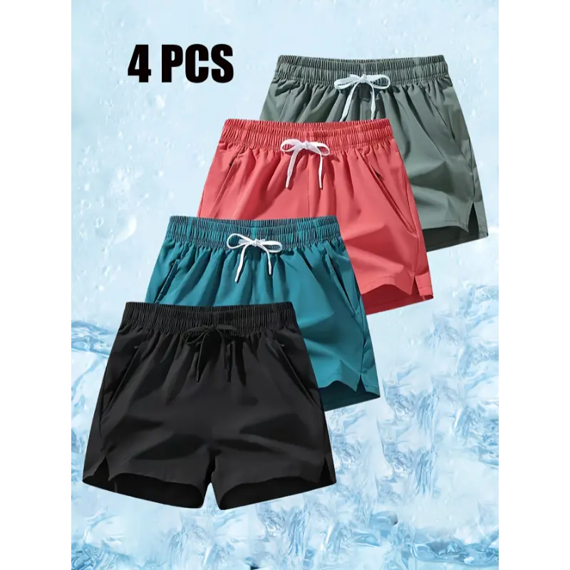 New4pcs Ice Silky Men's Quick-Dry Athletic Shorts - Breathable Lightweight Gym & Shorts with Elastic Drawstring Waist, 5-Inch Regular Fit for Running Basketball Summer Workouts (4 Colors: Olive Green/Red/Black/Cyan), Gym Shorts, Sport