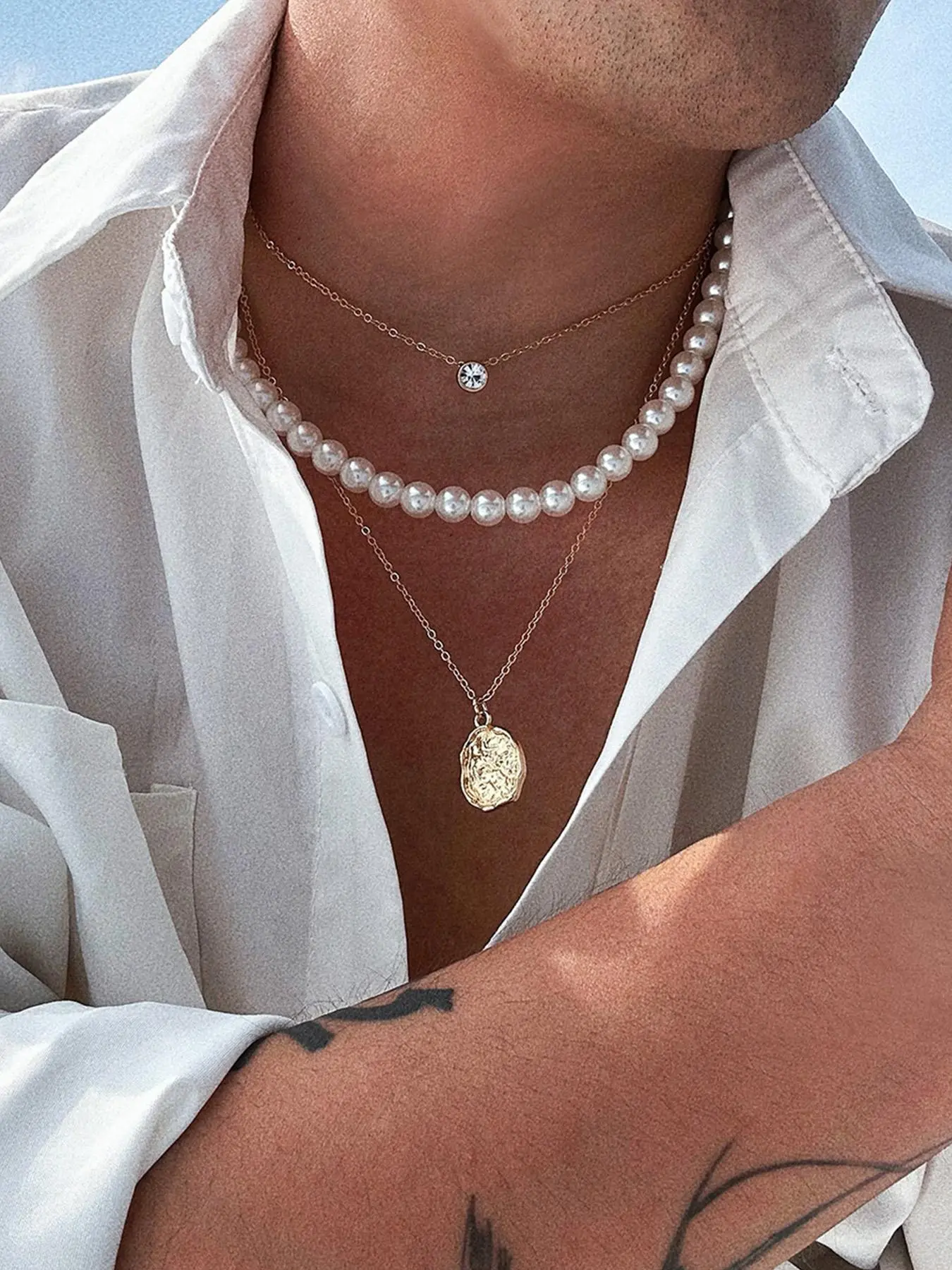 Faux Pearl Decor Pendant Necklace (3pcs/set), Rhinestone Decorated Necklace, Multi-layer Necklace, Beaded Necklace, Elegant All-match Jewelry for Men & Women, Fashionable Accessories, Classic Fashion Accessories for Daily Wear
