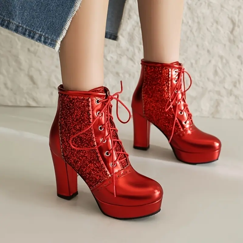 Women'S Red Glitter High Heel Ankle Boots with Lace-Up Detail - Comfortable Chunky Heel, Round Toe, All-Season Fashion Footwear, Stylish Platform Heels | Glittery Red Boots | Synthetic Cover Boots, High Heel Boots