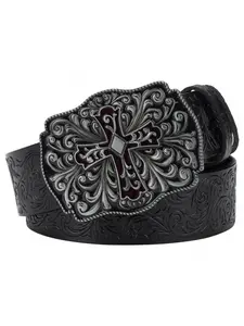 Men's Vintage Inspired Cross Embossed Leather Belt with Intricate Carved Detailing and Timeless Retro Style for Casual and Formal Wear