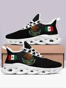 Men's Mexico Eagle Flag Print Lace Up Low Top Sneakers, Casual Comfortable Soft Sole Fashionable Running Shoes, Male All-match Round Toe Shoes for Daily Wear