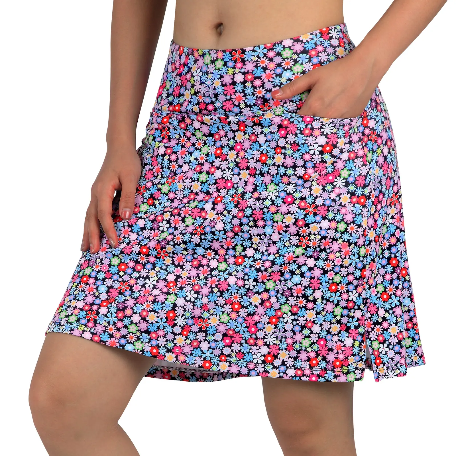 Summer floral short skirt, women’s skort, 20-inch knee-length skort, athletic skort (with shorts), tennis skirt, holds a phone, anti-exposure design