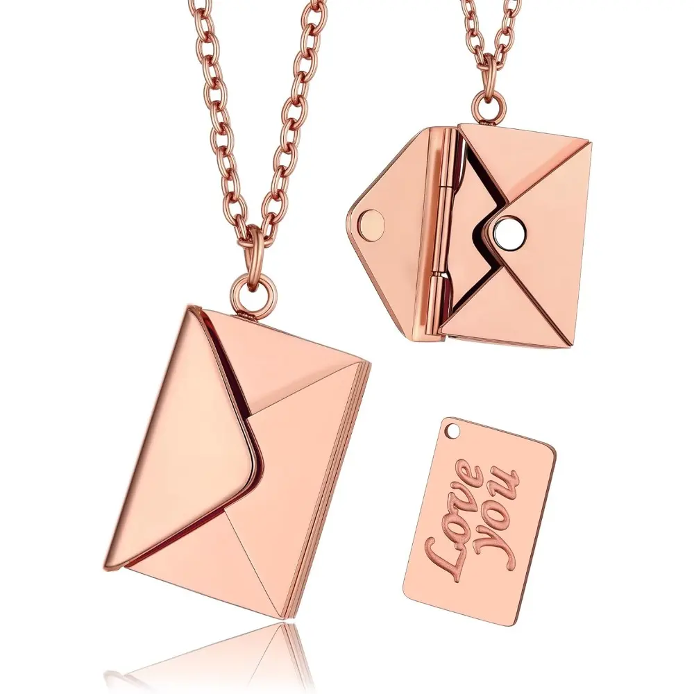 Women's 316L Stainless Steel Gold-Plated Envelope-Shape Locket Necklace - Dainty, Nickel-Free, Cadmium-Free, Adjustable 18+2 in Chain with Secret "Love You" Message, Romantic Gift for Female Adults' Birthday, Anniversary