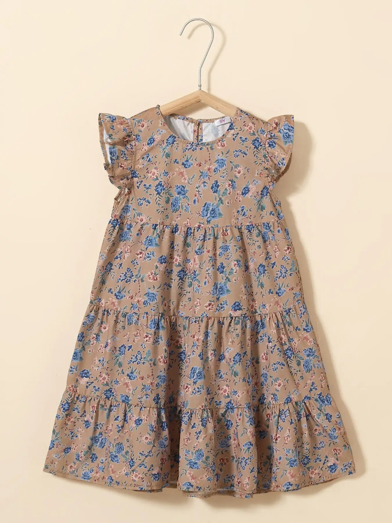 Girl's Floral Print Ruffle Trim Smock Dress, Romantic Butterfly Sleeve Round Neck Dress for Daily Vacation Party, Kids Clothing for Summer