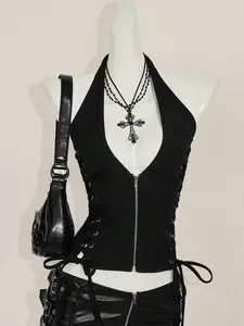 INAWLY Summer Y2K V Neck Going Out Concert Women's Concert Black Goth Sexy Grommet Solid Color Fashion Side Cross Strap Halter Tank Top, Summer